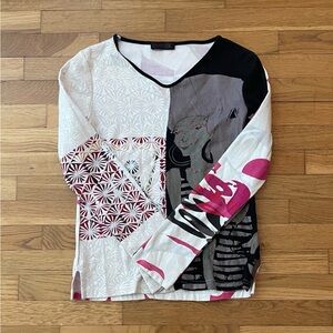 Custo Barcelona Patchwork Graphic Long-Sleeve Top in White, Black & Pink